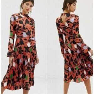 Asos Design Pleated Midi Floral Teacher Secretary Flute Sleeve Dress Size 8